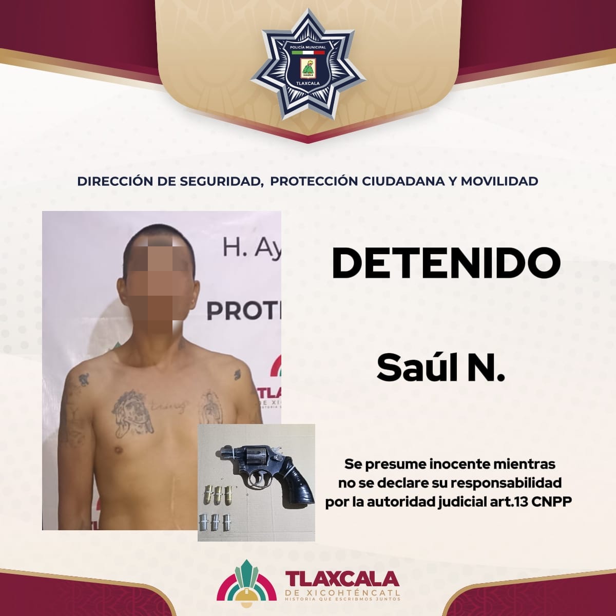 Policía Municipal de Tlaxcala arresta a sujeto armado que presuntamente realizó detonaciones en Tizatlán